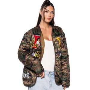 New First Row Camo Patch “ Keep it Simple”Bomber Jacket Womens S
